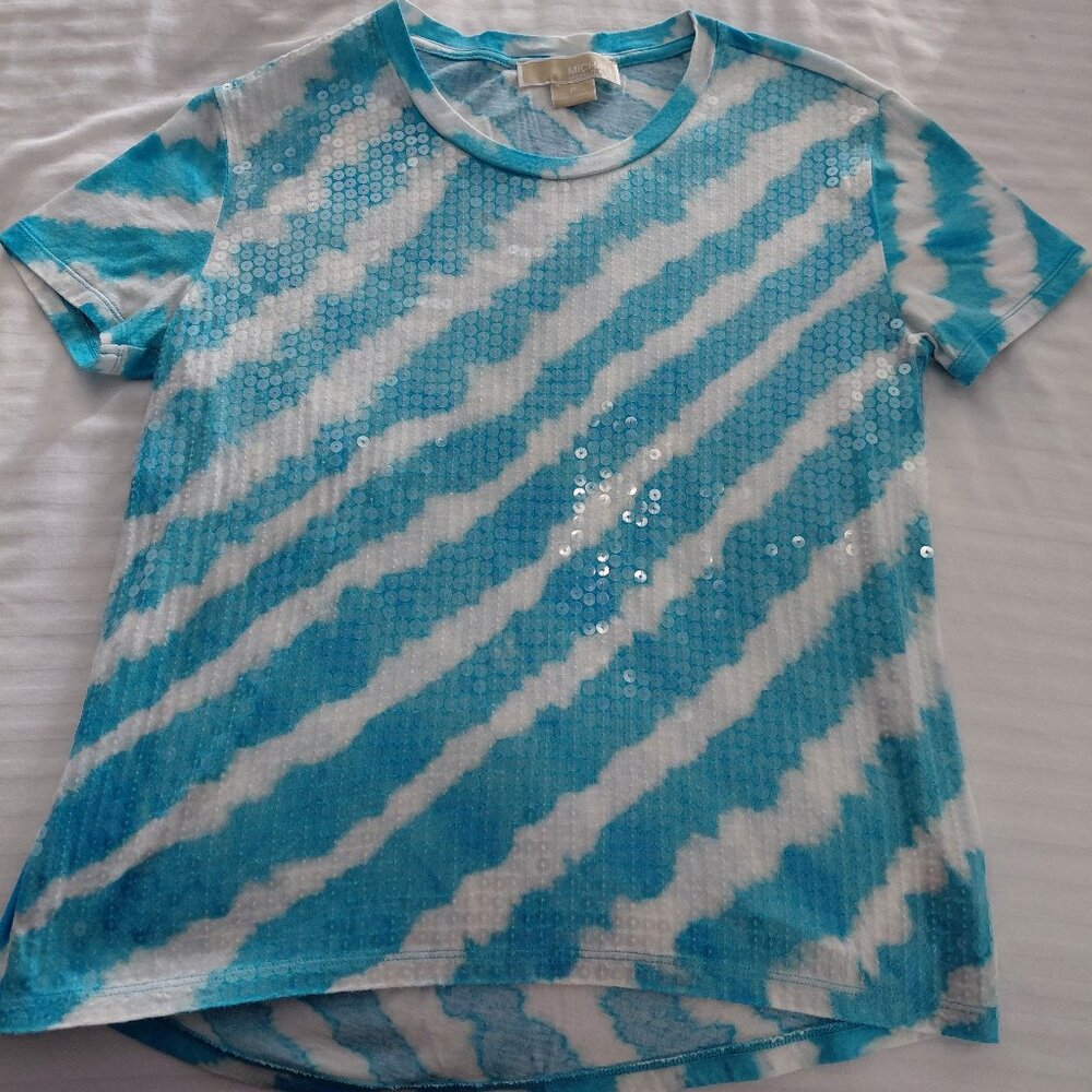 Blue and White Sequin MK top